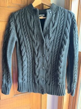 L.L. Bean Charcoal Gray Cable Fisherman Knit Button Cardigan Women’s Small